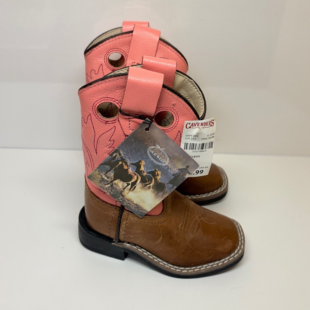 Old West Toddler Girls 5.5D Brown Pink Leather Square Toe Cowboy Boots New